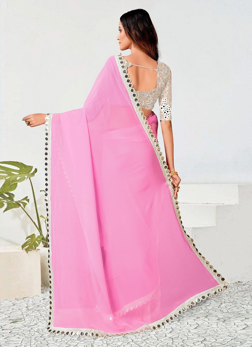 Classic Georgette Pink Embroidered Saree