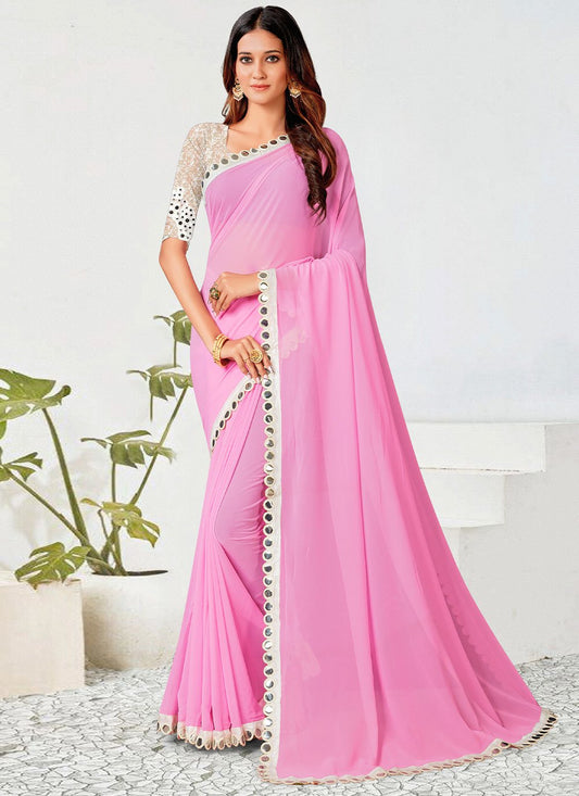 Classic Georgette Pink Embroidered Saree