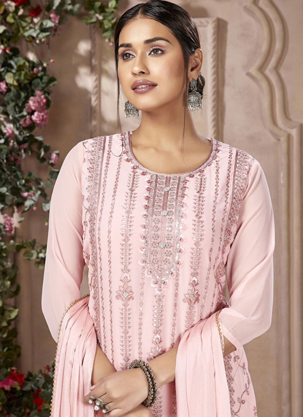 Straight Salwar Suit Georgette Pink Embroidered Salwar Kameez