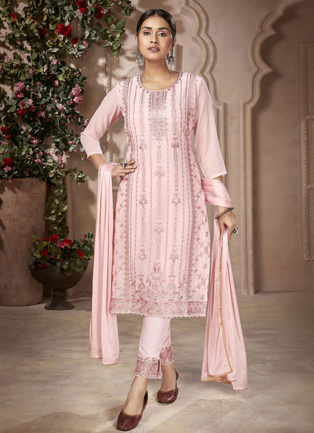 Straight Salwar Suit Georgette Pink Embroidered Salwar Kameez