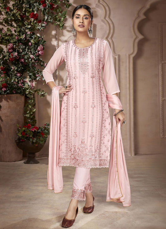 Straight Salwar Suit Georgette Pink Embroidered Salwar Kameez