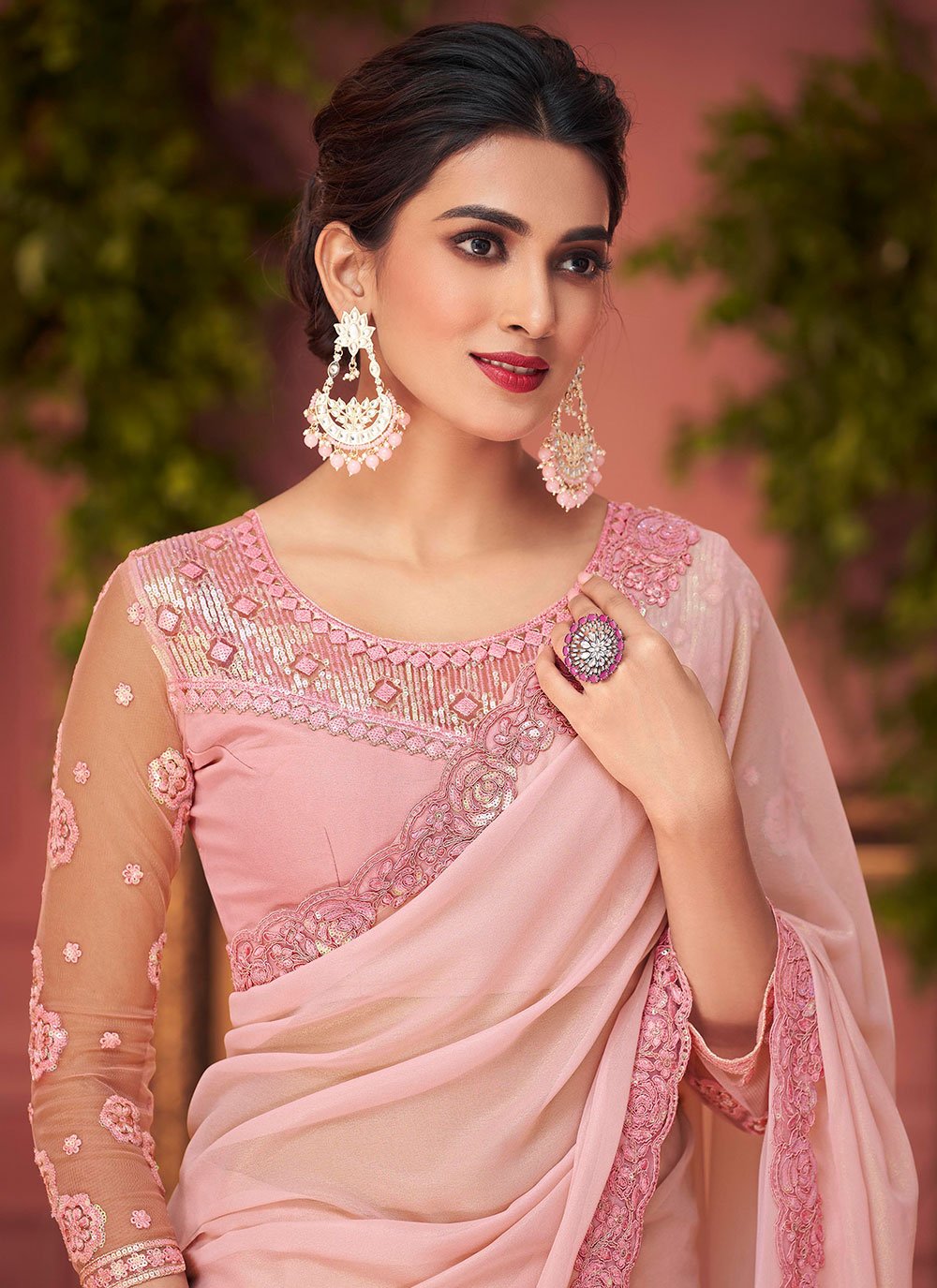 Designer Georgette Pink Lace Saree