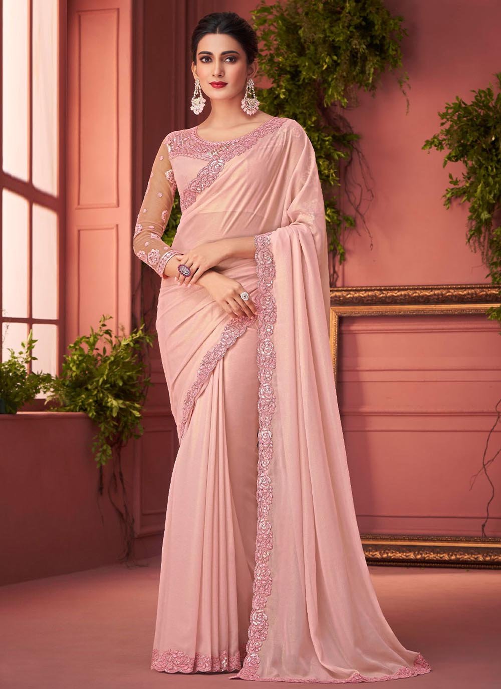 Designer Georgette Pink Lace Saree