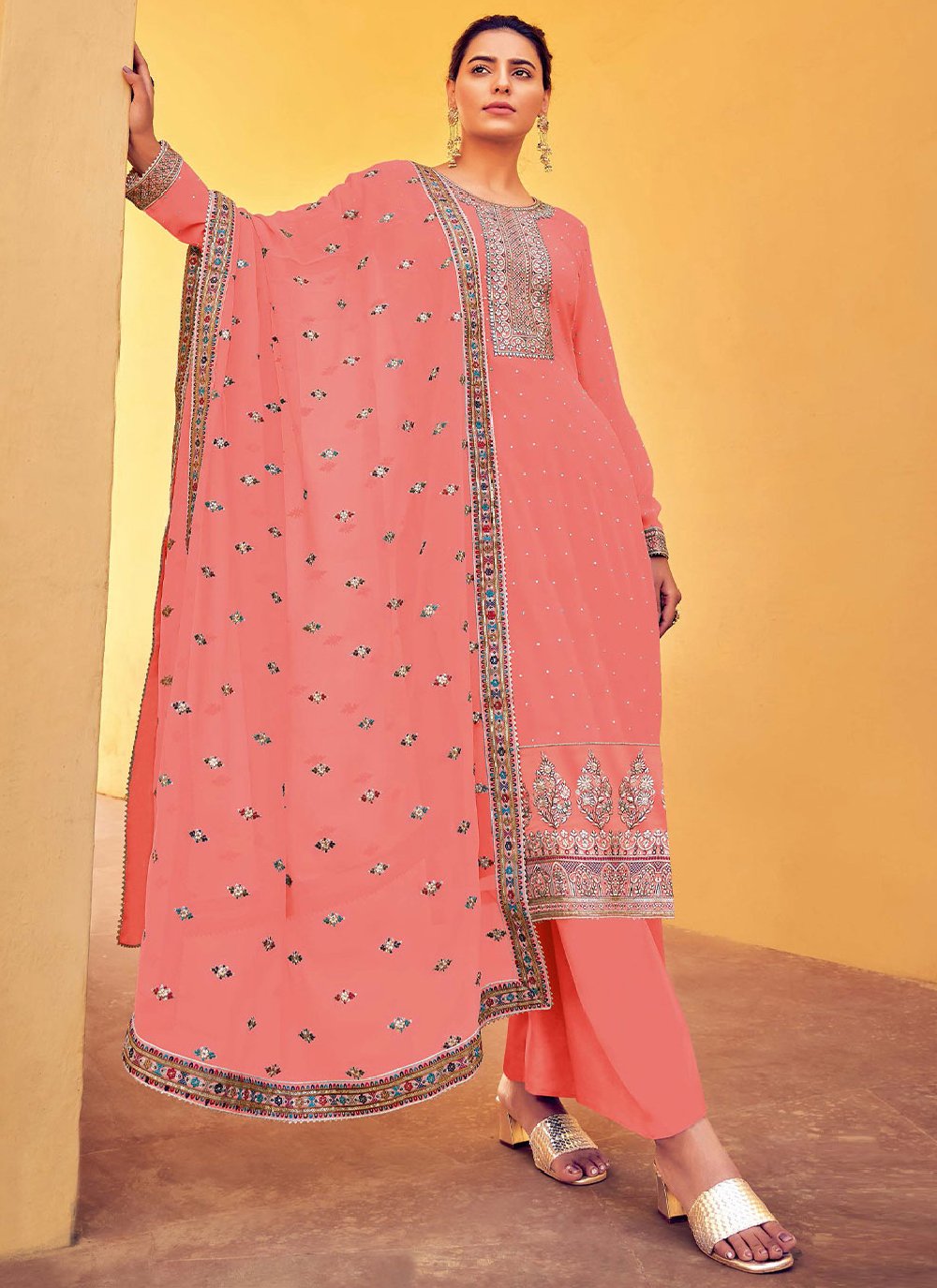 Floor Lenght Salwar Suit Georgette Pink Diamond Salwar Kameez