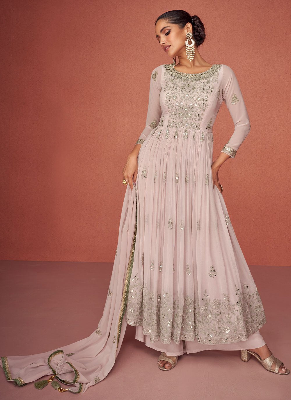 Palazzo Salwar Suit Georgette Pink Embroidered Salwar Kameez