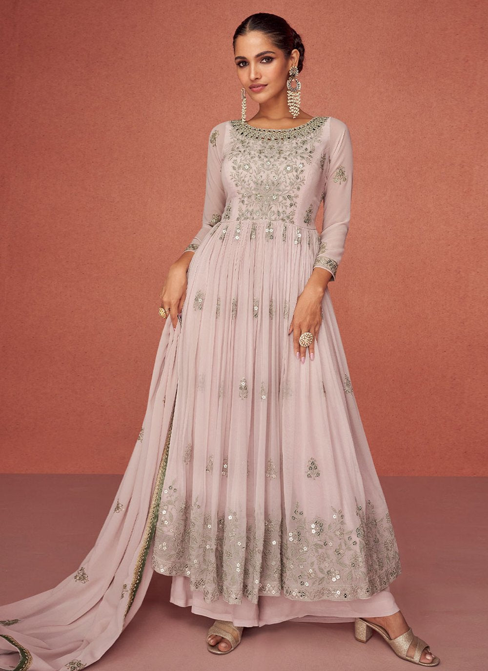 Palazzo Salwar Suit Georgette Pink Embroidered Salwar Kameez