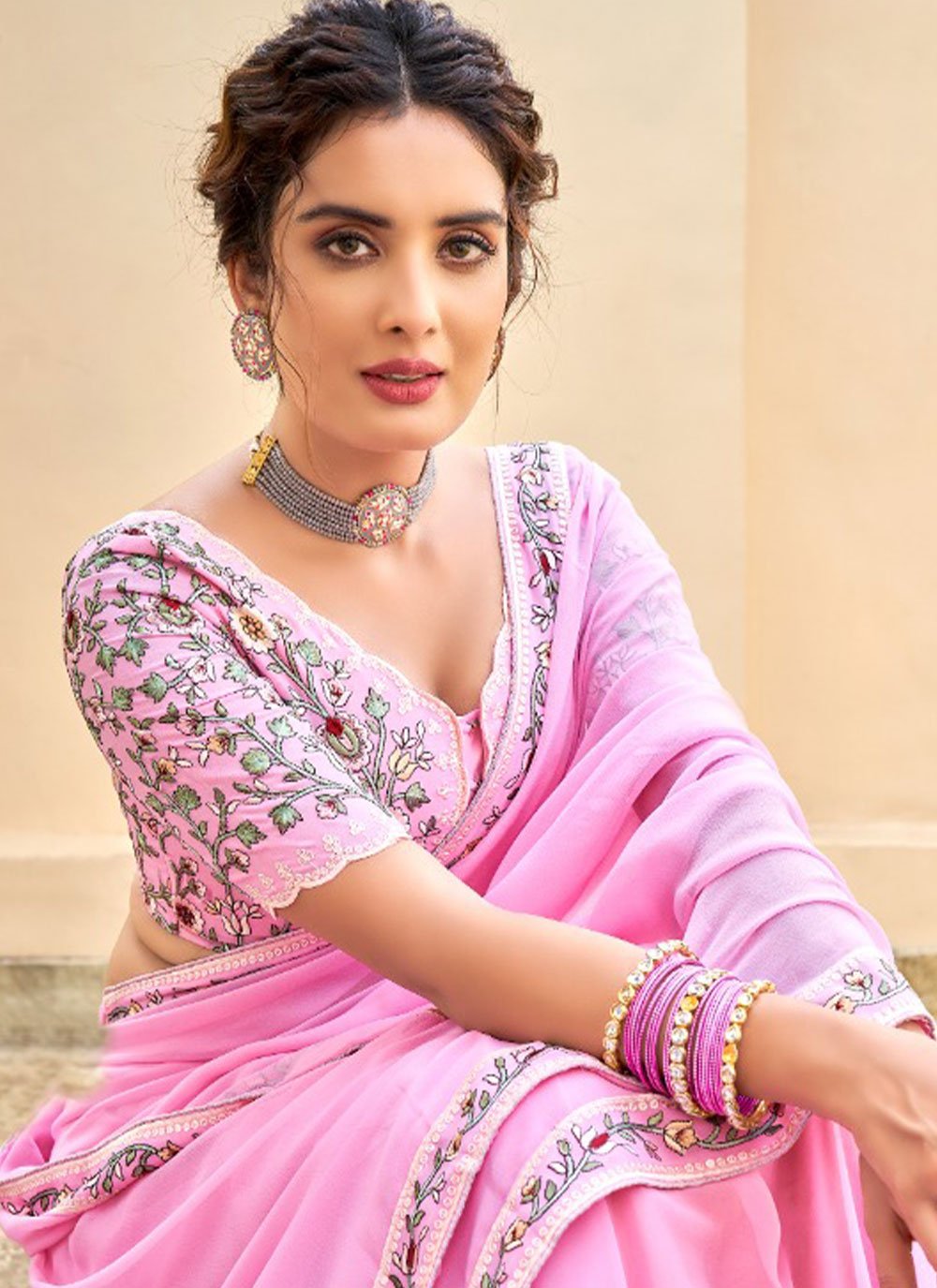 Classic Georgette Pink Embroidered Saree