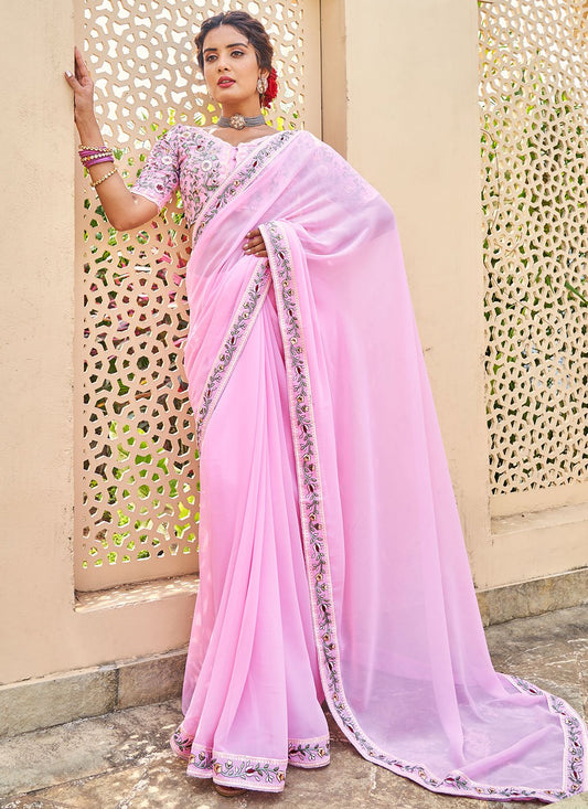 Classic Georgette Pink Embroidered Saree