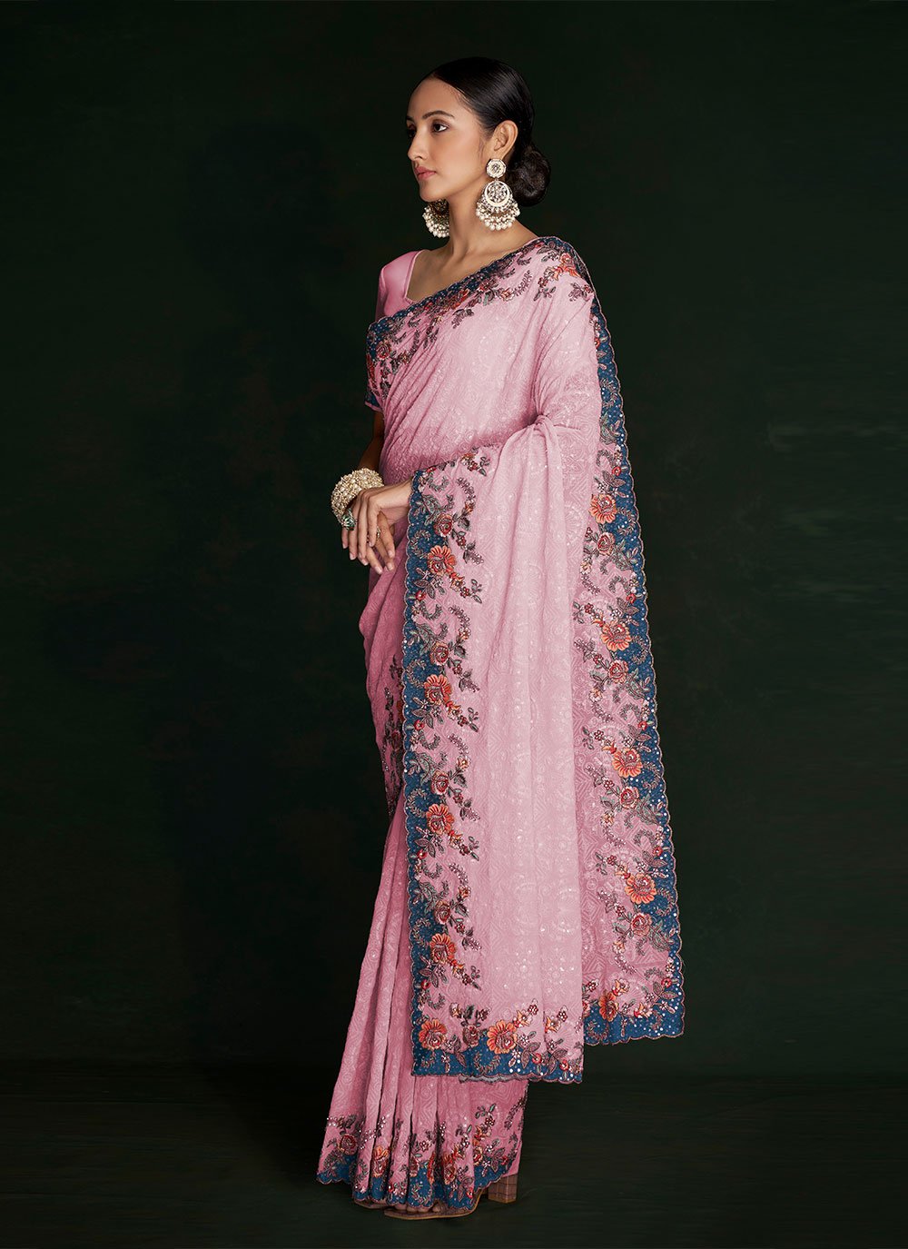 Classic Georgette Pink Lucknowi Work Saree