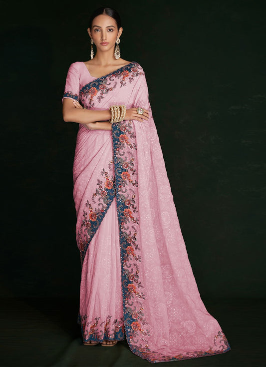 Classic Georgette Pink Lucknowi Work Saree