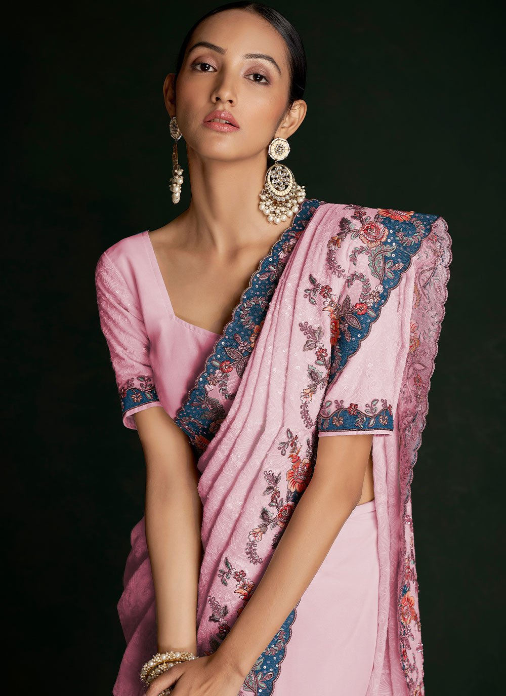 Classic Georgette Pink Lucknowi Work Saree