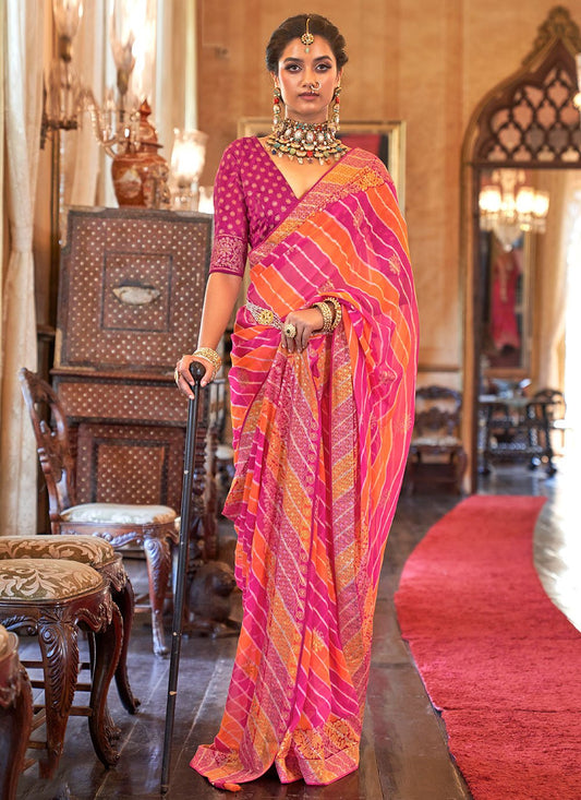 Classic Georgette Pink Patch Border Saree