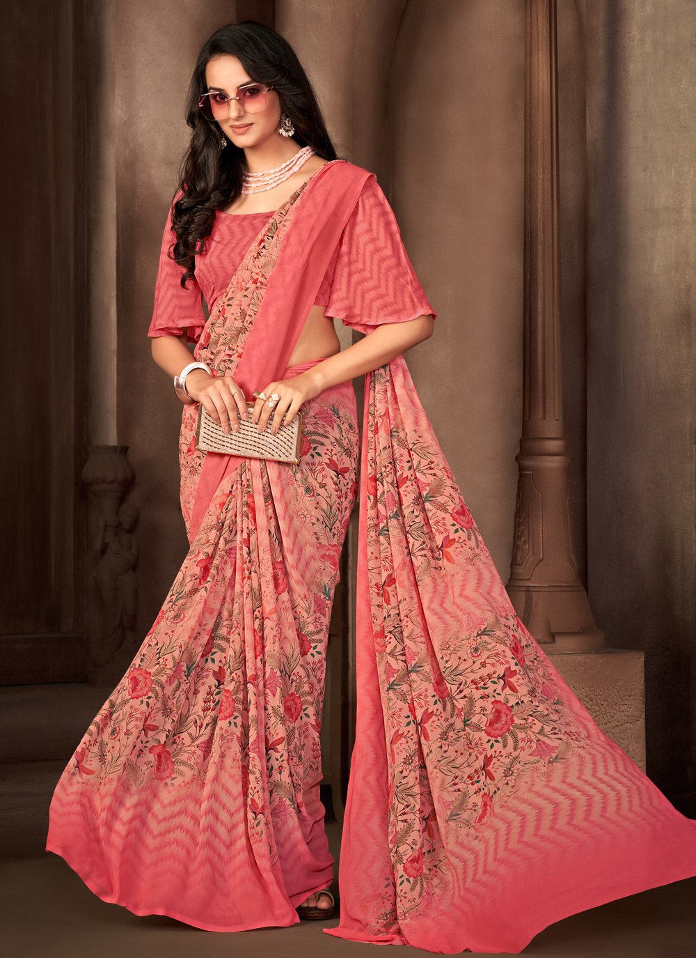 Trendy Saree Georgette Pink Print Saree