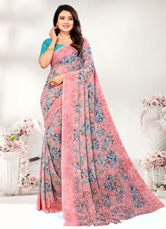 Trendy Saree Georgette Pink Print Saree