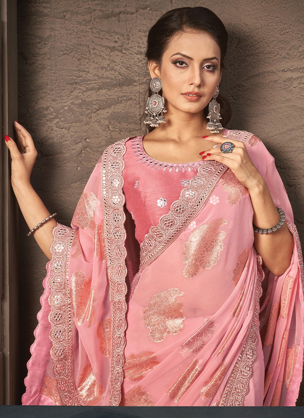 Contemporary Georgette Jacquard Pink Embroidered Saree