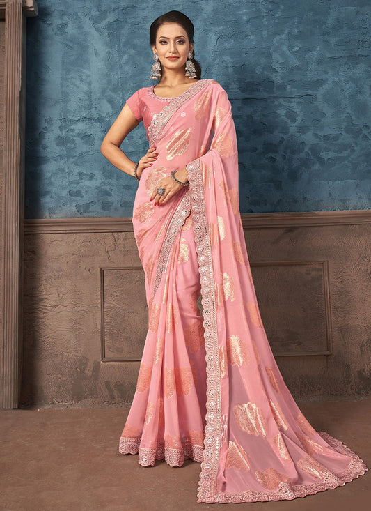 Contemporary Georgette Jacquard Pink Embroidered Saree