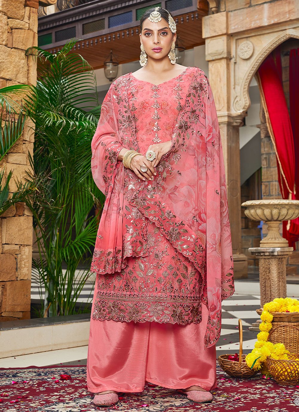Palazzo Salwar Suit Georgette Pink Buttons Salwar Kameez