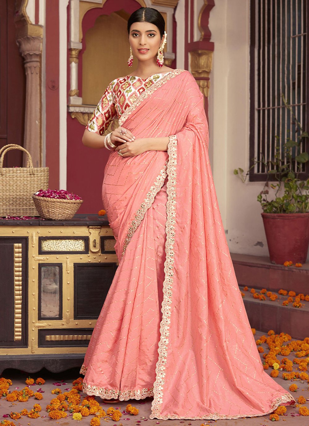 Contemporary Silk Pink Foil Print Saree