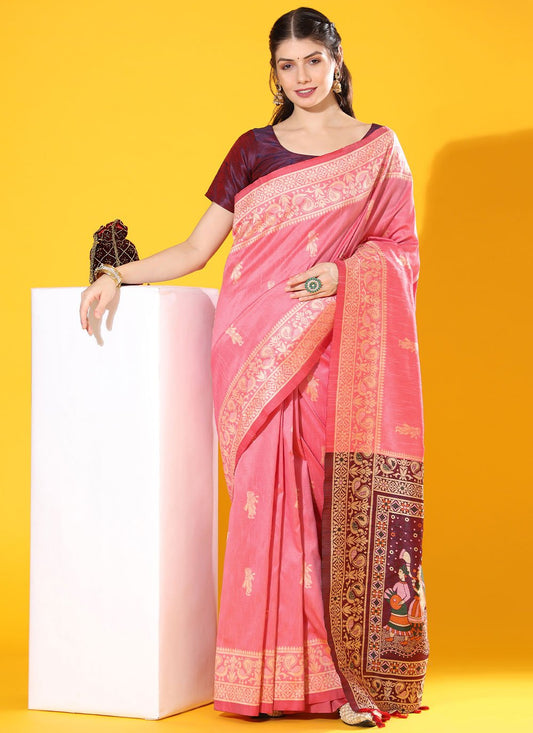 Classic Handloom Silk Pink Woven Saree