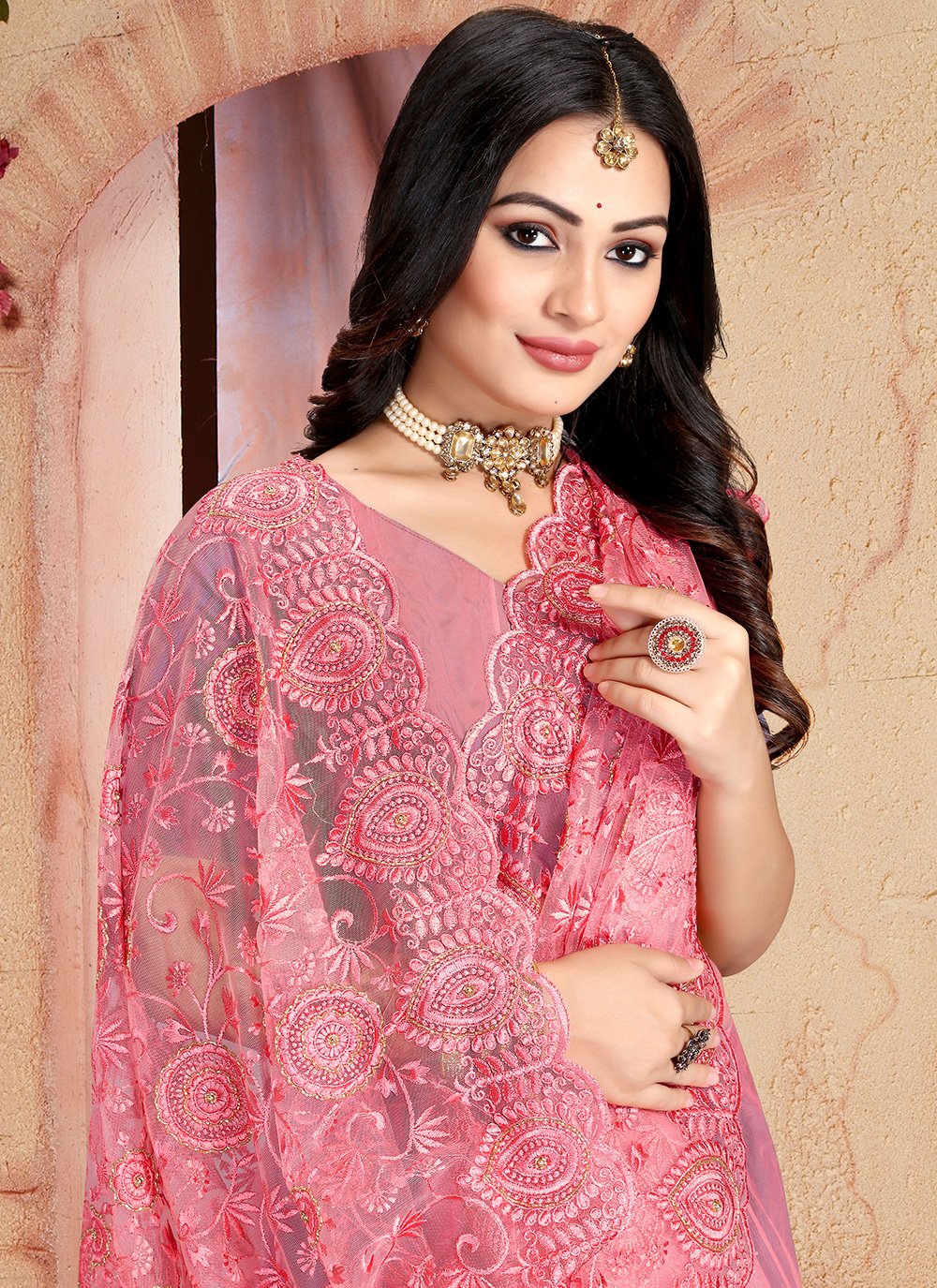 Designer Net Pink Embroidered Saree