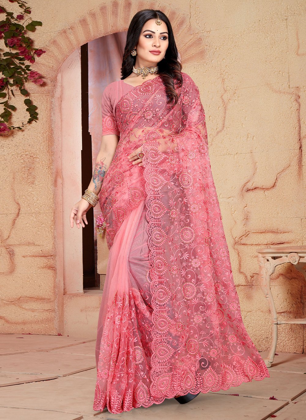 Designer Net Pink Embroidered Saree