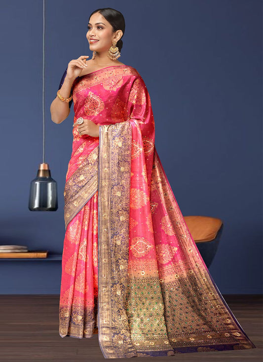 Trendy Saree Kanchipuram Silk Pink Hand Work Saree