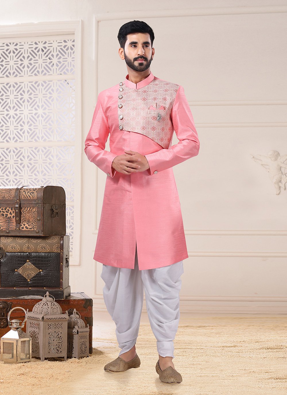 Indo Western Jacquard Silk Pink Fancy Work Mens