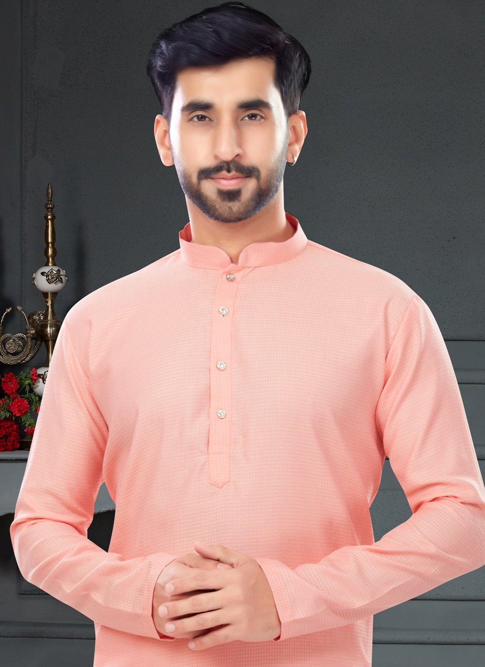 Kurta Pyjama Cotton Jacquard Pink Fancy Work Mens