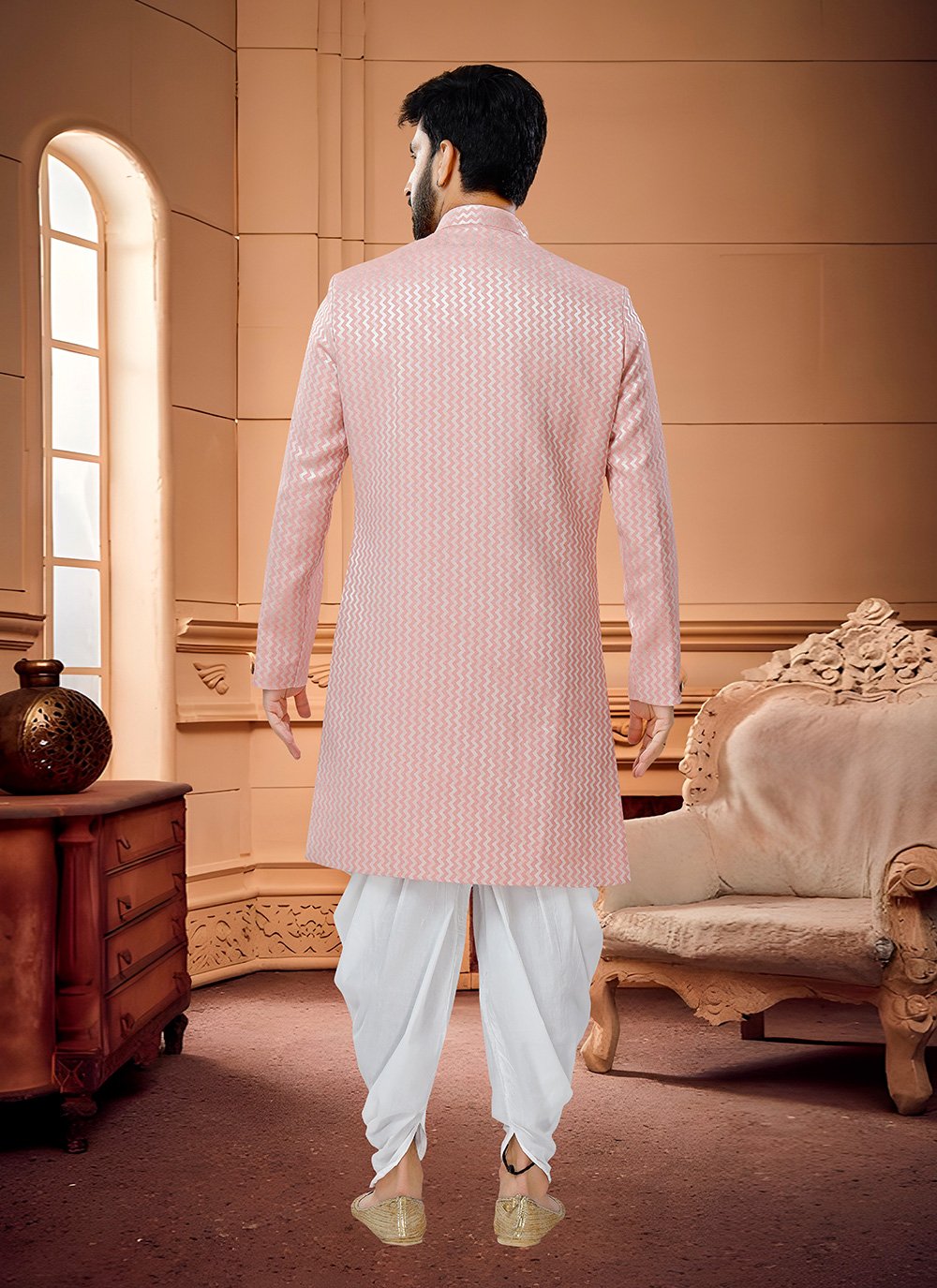 Indo Western Sherwani Jacquard Silk Pink Fancy Work Mens