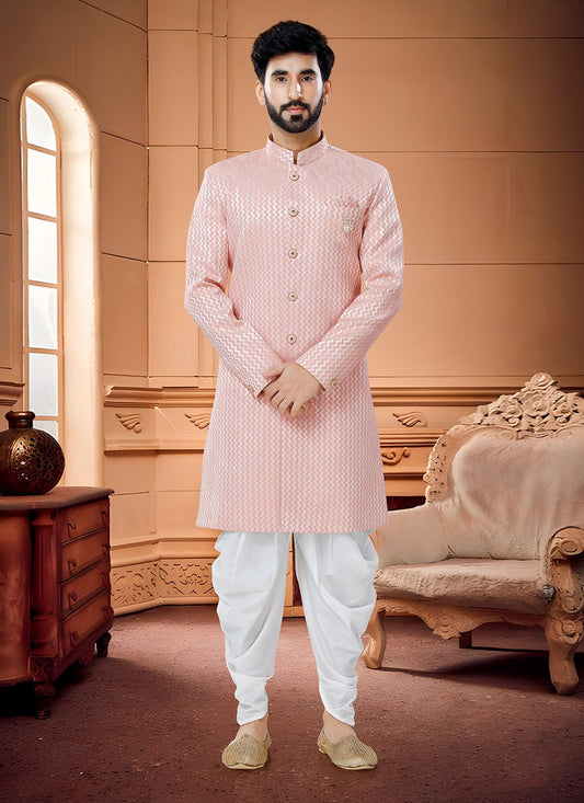 Indo Western Sherwani Jacquard Silk Pink Fancy Work Mens