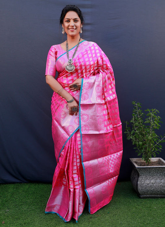 Trendy Saree Kanchipuram Silk Pink Jacquard Work Saree