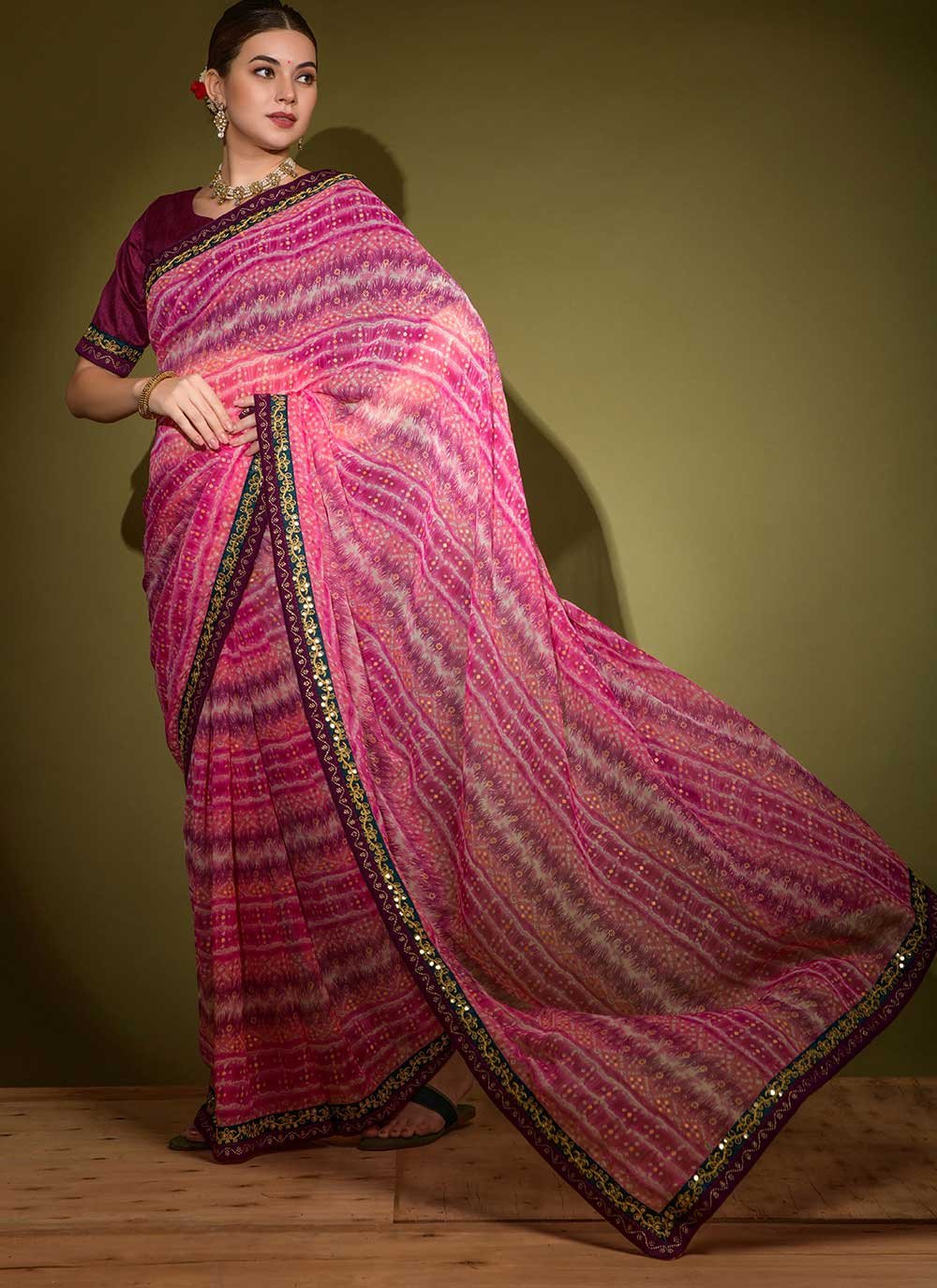 Classic Georgette Pink Foil Print Saree