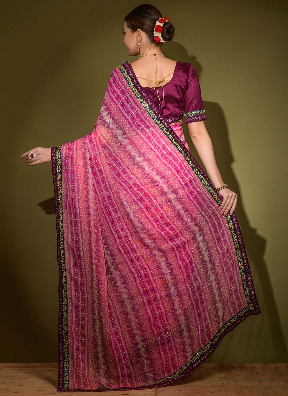 Classic Georgette Pink Foil Print Saree