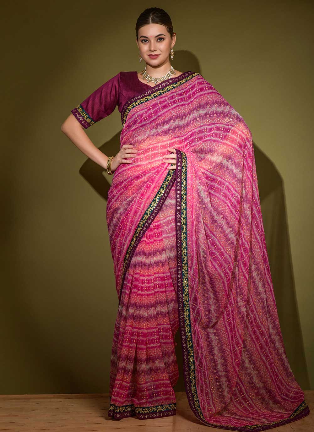 Classic Georgette Pink Foil Print Saree