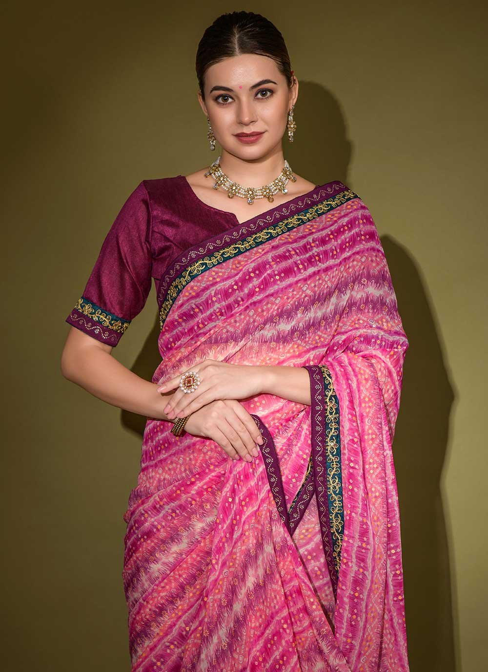 Classic Georgette Pink Foil Print Saree