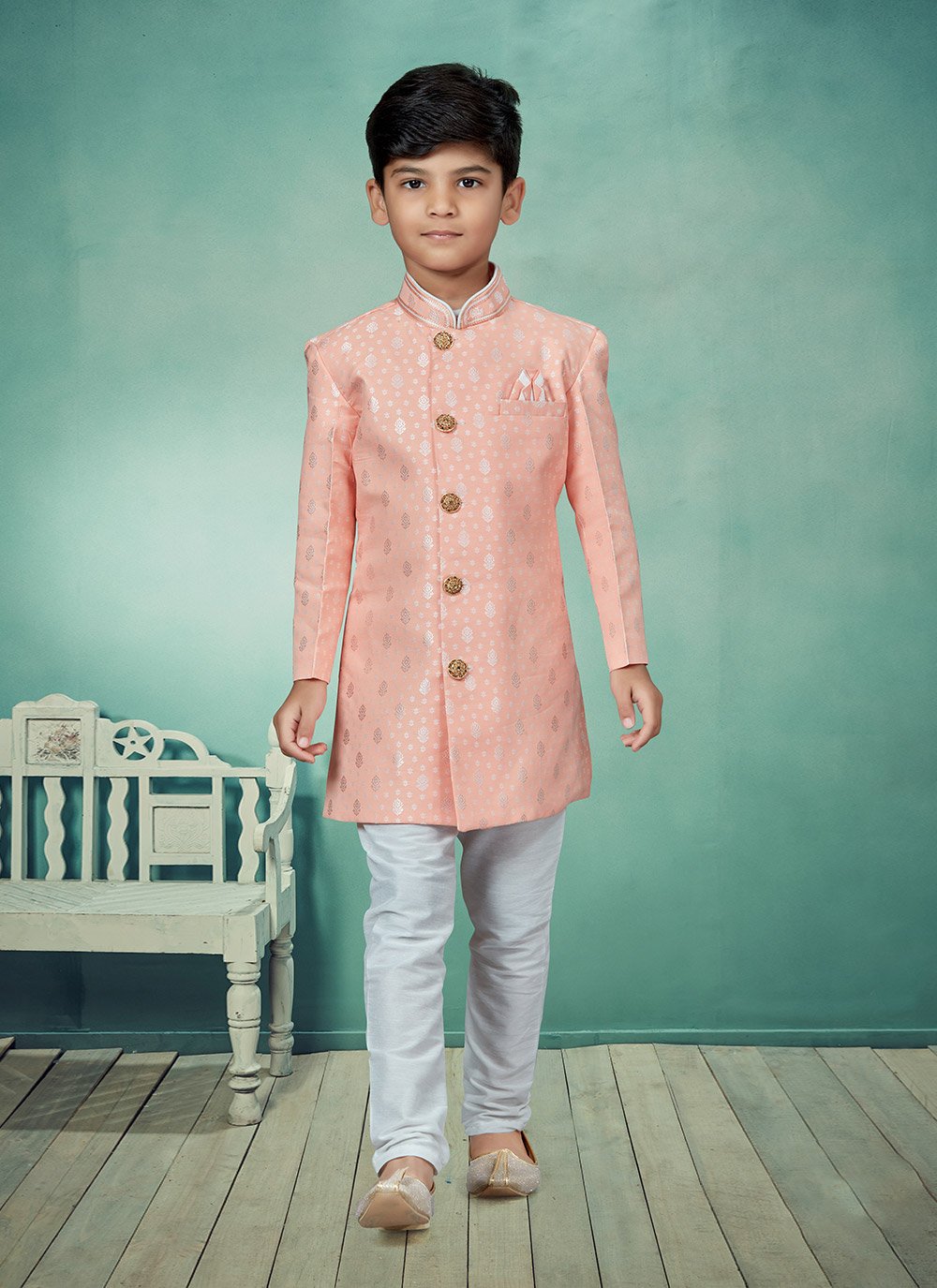 Indo Western Banarasi Jacquard Pink Lace Kids