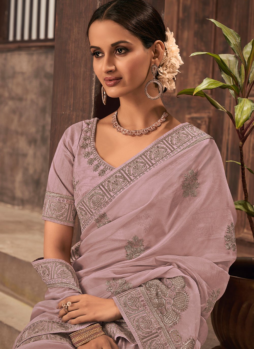 Classic Organza Pink Embroidered Saree