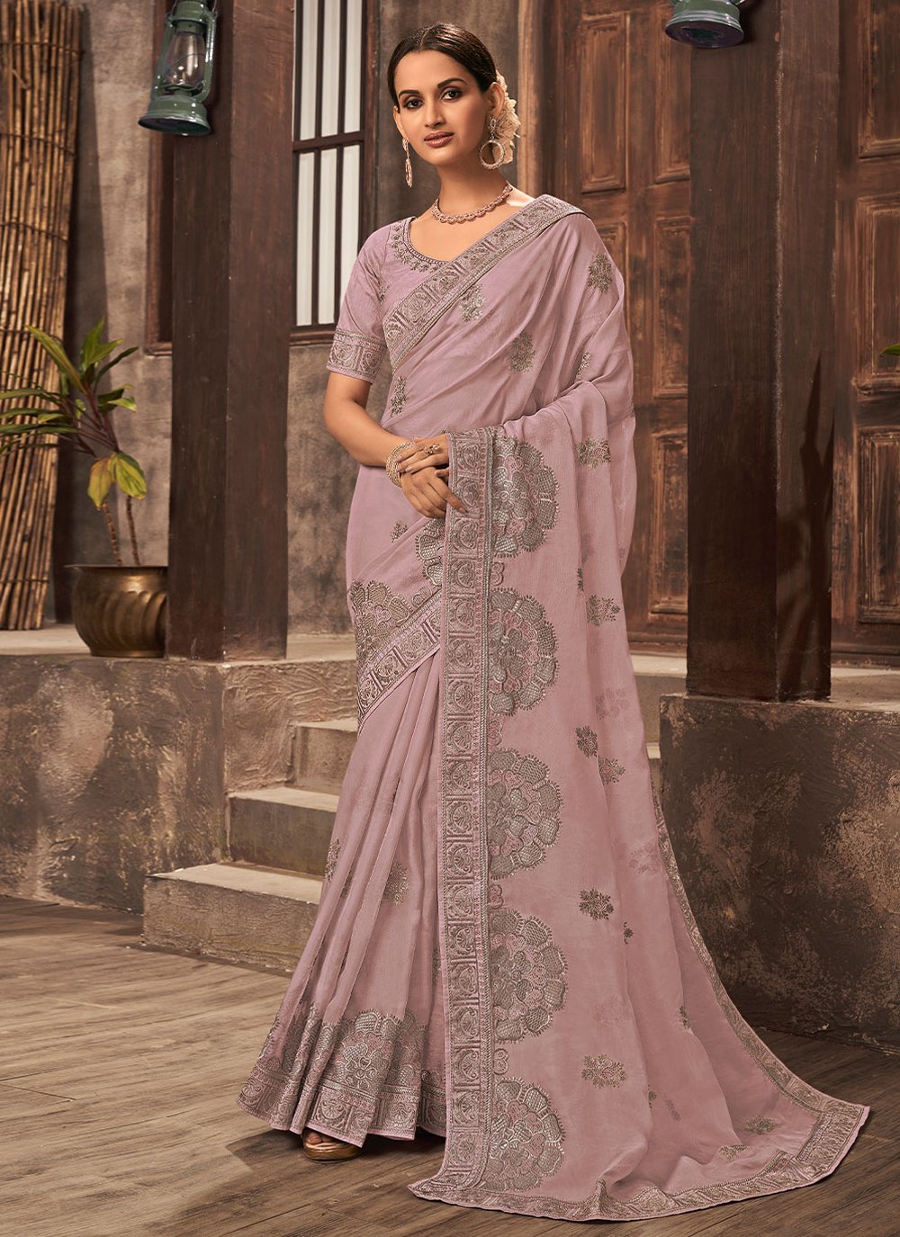 Classic Organza Pink Embroidered Saree