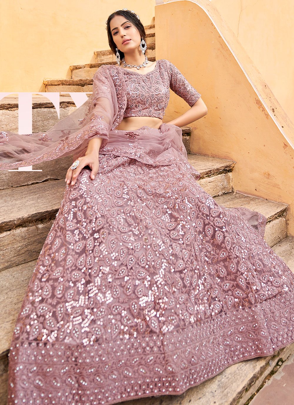 Lehenga Choli Net Pink Embroidered Lehenga Choli