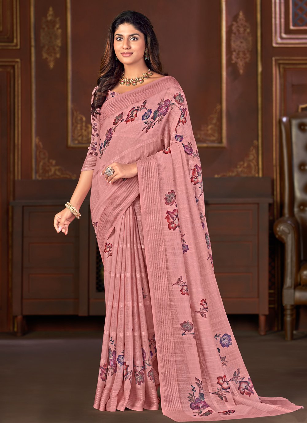 Designer Linen Pink Floral Patch Saree