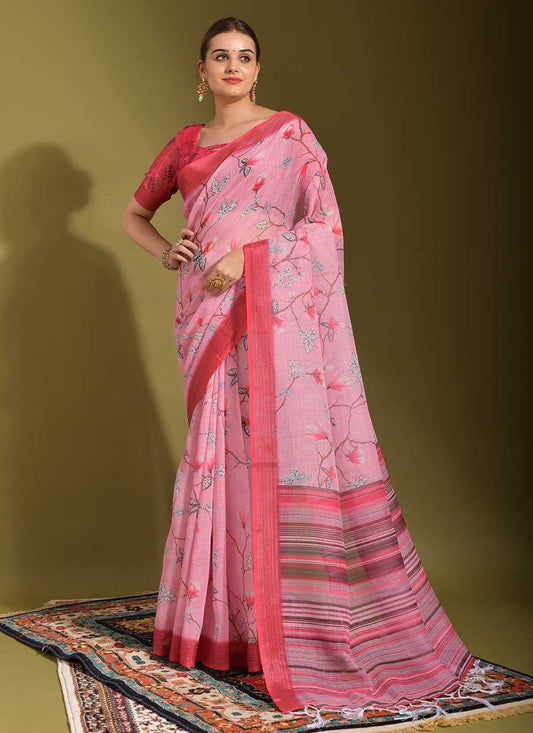 Trendy Saree Linen Pink Print Saree