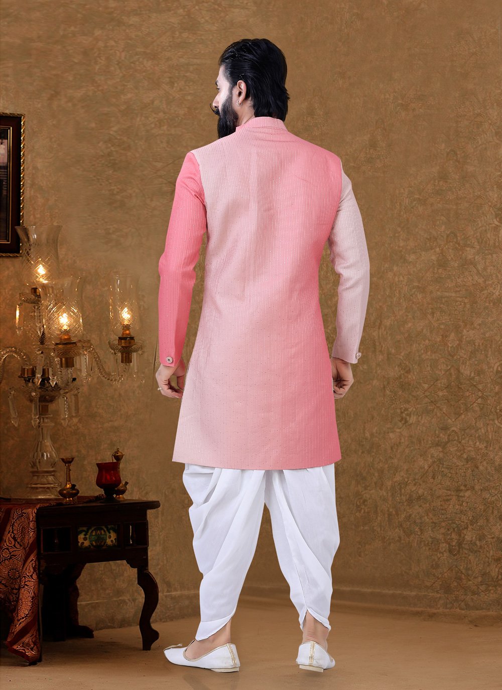 Dhoti Kurta Lucknowi Pink Fancy Work Mens