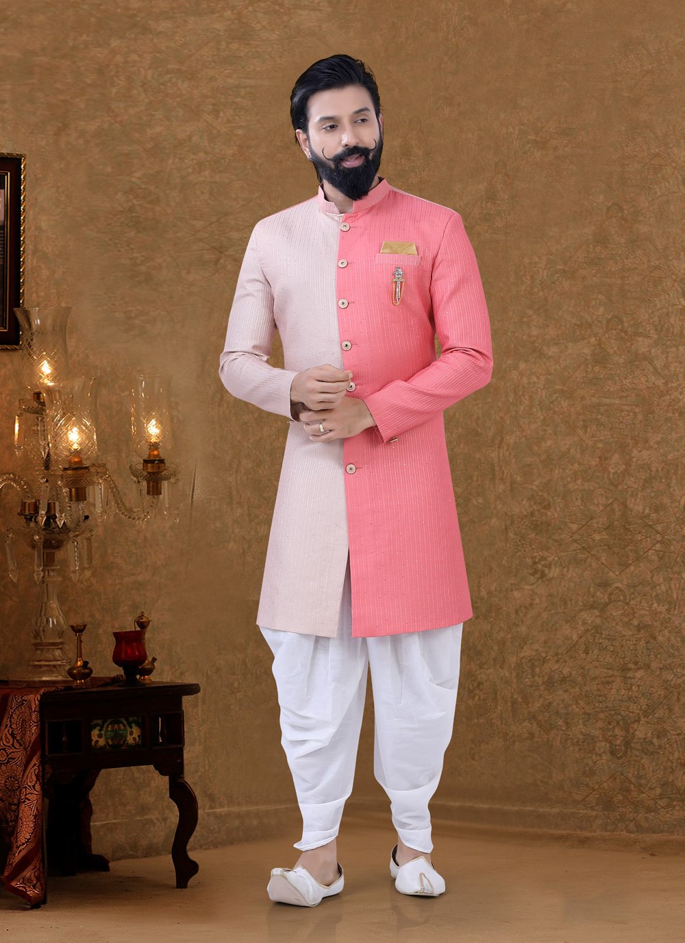 Dhoti Kurta Lucknowi Pink Fancy Work Mens