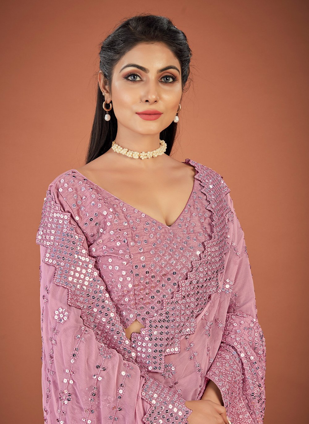 Contemporary Georgette Pink Lucknowi Work Saree
