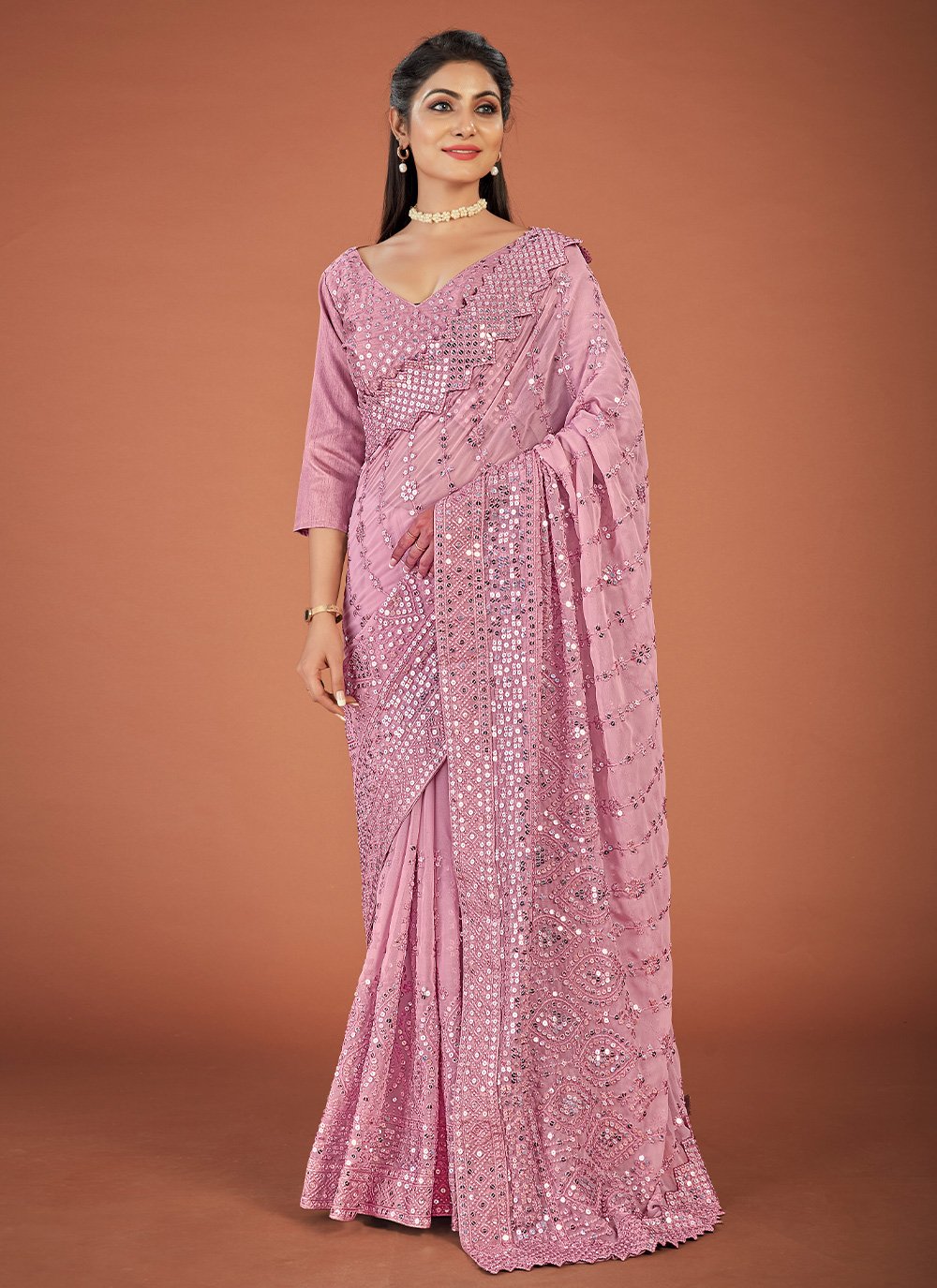 Contemporary Georgette Pink Lucknowi Work Saree