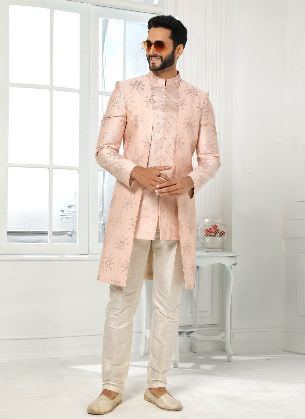 Indo Western Art Silk Pink Machine Embroidery Mens