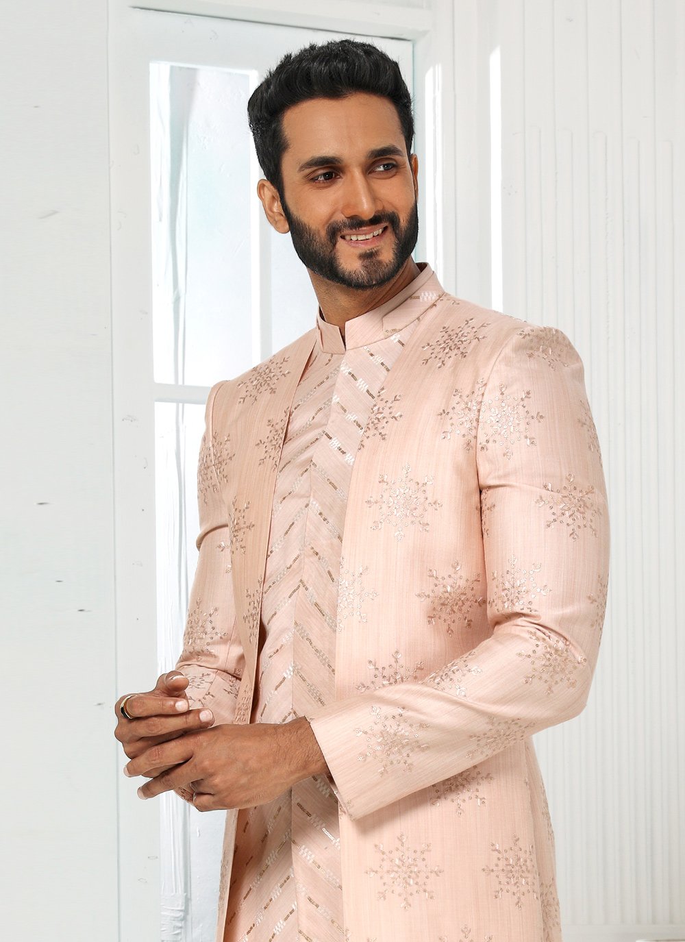 Indo Western Art Silk Pink Machine Embroidery Mens