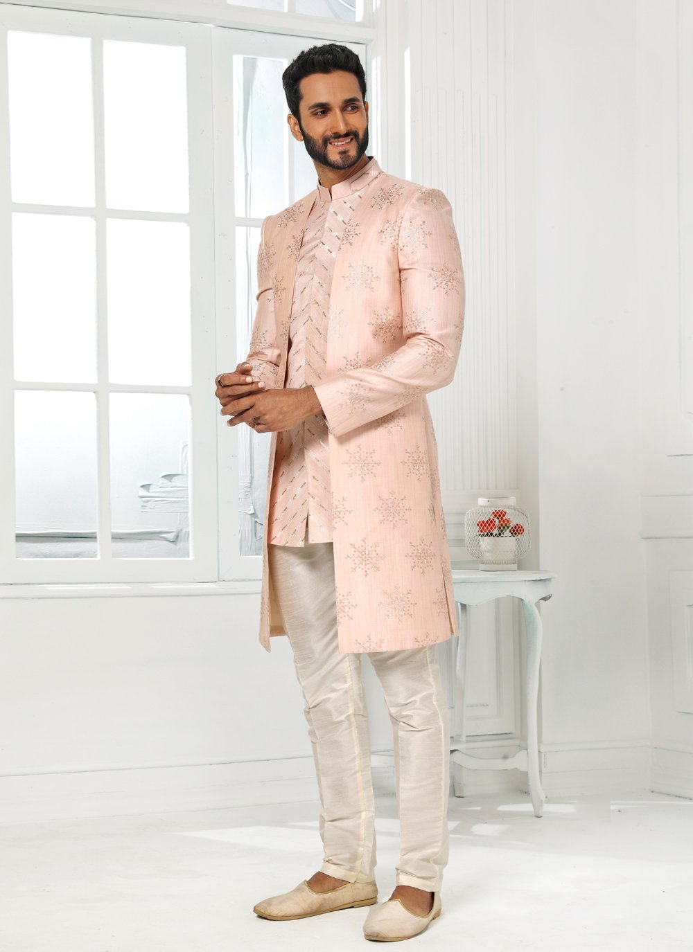 Indo Western Art Silk Pink Machine Embroidery Mens