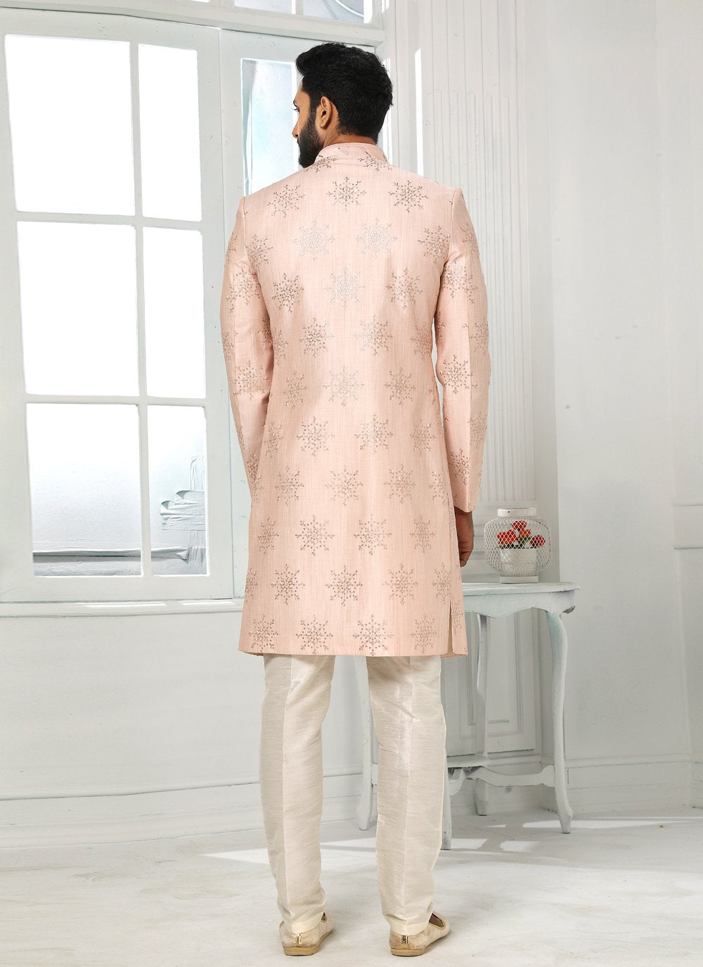 Indo Western Art Silk Pink Machine Embroidery Mens