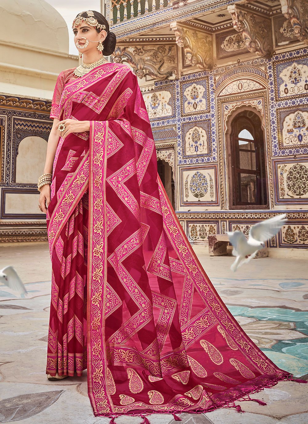 Contemporary Organza Pure Dola Pink Lace Saree